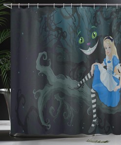 Alice in Wonderland Cheshire Cat Shower Curtain, Cartoon Dark Blue Bathroom Decor 