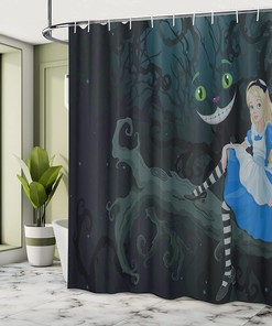Alice in Wonderland Cheshire Cat Shower Curtain, Cartoon Dark Blue Bathroom Decor 