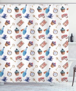 Alice in Wonderland Dessert Shower Curtain, Sky Blue and Red Bathroom Decor 