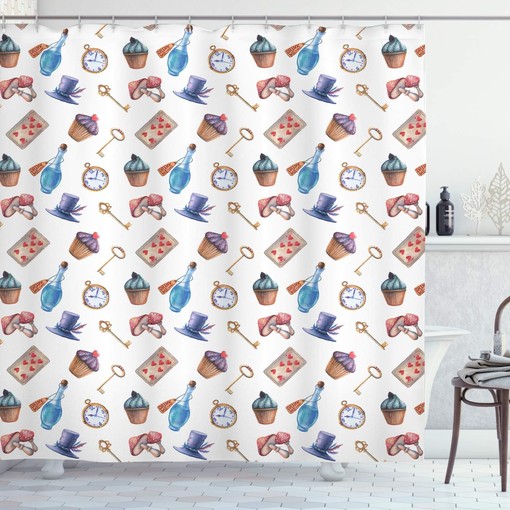Alice in Wonderland Dessert Shower Curtain, Sky Blue and Red Bathroom Decor