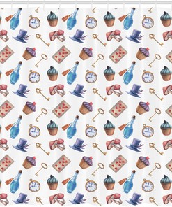 Alice in Wonderland Dessert Shower Curtain, Sky Blue and Red Bathroom Decor