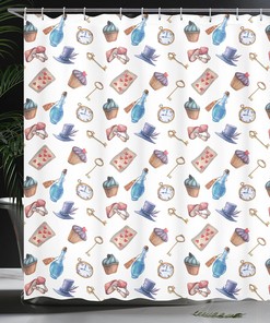 Alice in Wonderland Dessert Shower Curtain, Sky Blue and Red Bathroom Decor 