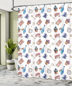 Alice in Wonderland Dessert Shower Curtain, Sky Blue and Red Bathroom Decor 