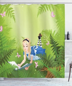 Alice in Wonderland Forest Shower Curtain, Butterfly Green Bathroom Decor 