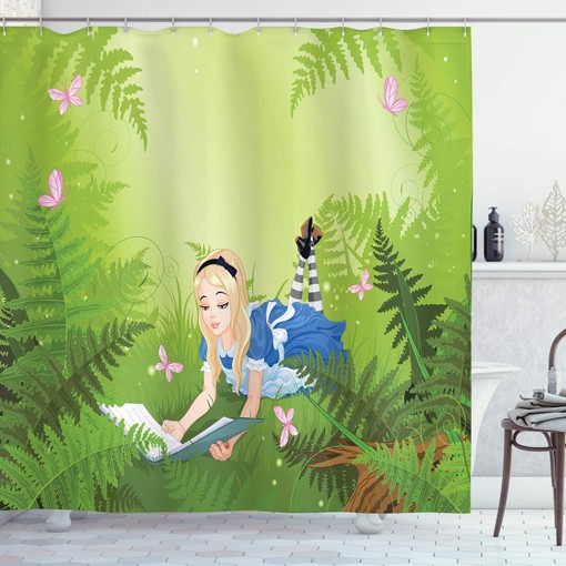 Alice in Wonderland Forest Shower Curtain, Butterfly Green Bathroom Decor