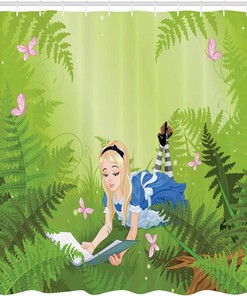 Alice in Wonderland Forest Shower Curtain, Butterfly Green Bathroom Decor