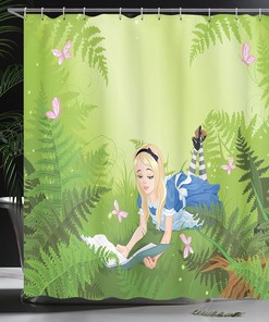Alice in Wonderland Forest Shower Curtain, Butterfly Green Bathroom Decor 