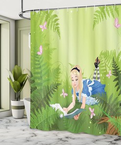 Alice in Wonderland Forest Shower Curtain, Butterfly Green Bathroom Decor 