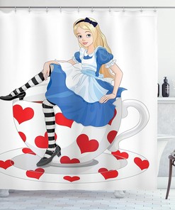 Alice in Wonderland Girl on Tea Cup Shower Curtain, White, Red and Blue Bathroom Decor 