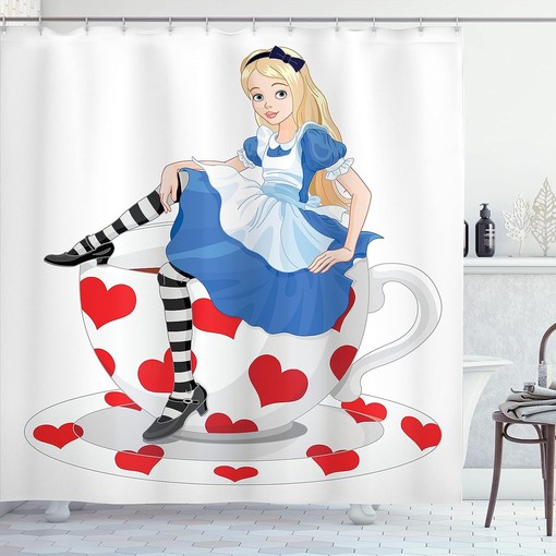 Alice in Wonderland Girl on Tea Cup Shower Curtain, White, Red and Blue Bathroom Decor