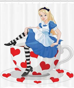 Alice in Wonderland Girl on Tea Cup Shower Curtain, White, Red and Blue Bathroom Decor