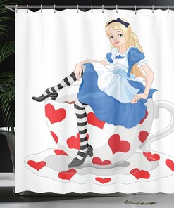 Alice in Wonderland Girl on Tea Cup Shower Curtain, White, Red and Blue Bathroom Decor 