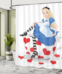Alice in Wonderland Girl on Tea Cup Shower Curtain, White, Red and Blue Bathroom Decor 