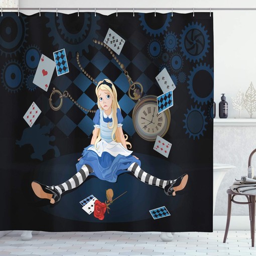 Alice in Wonderland Grown Giant Girl Shower Curtain, Cartoon Dark Blue Bathroom Decor