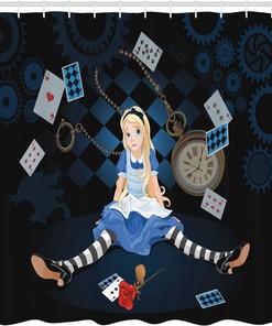 Alice in Wonderland Grown Giant Girl Shower Curtain, Cartoon Dark Blue Bathroom Decor