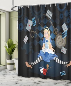 Alice in Wonderland Grown Giant Girl Shower Curtain, Cartoon Dark Blue Bathroom Decor 