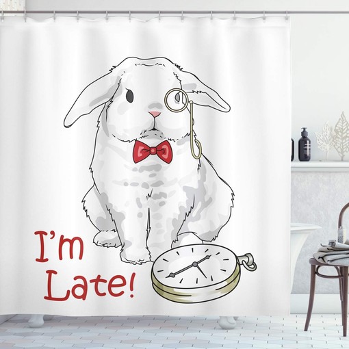 Alice in Wonderland Rabbit with Watches Shower Curtain, White and Red Bathroom Decor