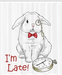 Alice in Wonderland Rabbit with Watches Shower Curtain, White and Red Bathroom Decor