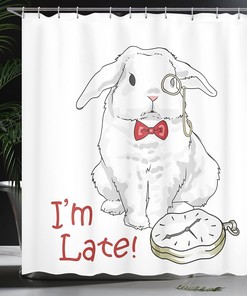 Alice in Wonderland Rabbit with Watches Shower Curtain, White and Red Bathroom Decor 