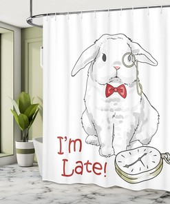 Alice in Wonderland Rabbit with Watches Shower Curtain, White and Red Bathroom Decor 