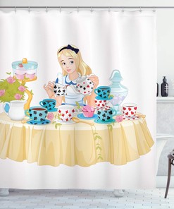Alice in Wonderland Tea Cup Shower Curtain, Beige Bathroom Decor 