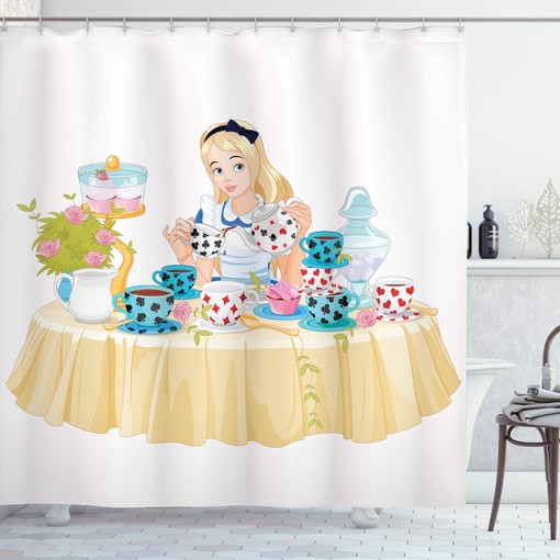 Alice in Wonderland Tea Cup Shower Curtain, Beige Bathroom Decor