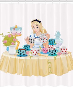 Alice in Wonderland Tea Cup Shower Curtain, Beige Bathroom Decor