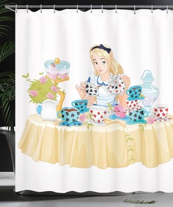 Alice in Wonderland Tea Cup Shower Curtain, Beige Bathroom Decor 