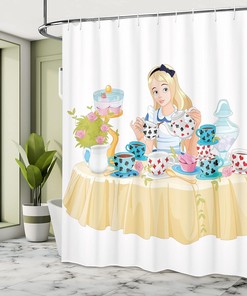 Alice in Wonderland Tea Cup Shower Curtain, Beige Bathroom Decor 
