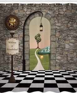 Alice in Wonderland White Rabbit Fantasy World Shower Curtain, Pink Black Yellow Bathroom Decor
