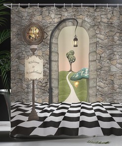Alice in Wonderland White Rabbit Fantasy World Shower Curtain, Pink Black Yellow Bathroom Decor 