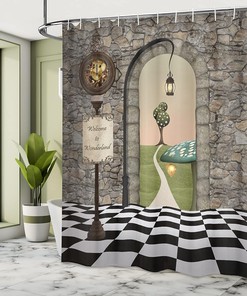 Alice in Wonderland White Rabbit Fantasy World Shower Curtain, Pink Black Yellow Bathroom Decor 
