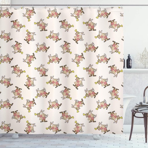 Alice in Wonderland White Rabbit Music Shower Curtain, Pink Brown Yellow Bathroom Decor