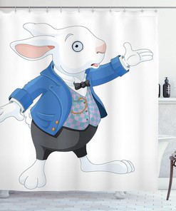 Alice in Wonderland White Rabbit Talking Shower Curtain, Blue Black Bathroom Decor 
