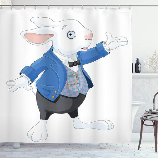 Alice in Wonderland White Rabbit Talking Shower Curtain, Blue Black Bathroom Decor