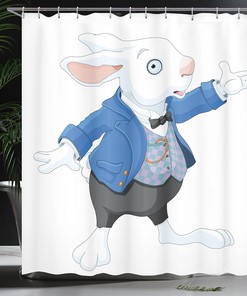 Alice in Wonderland White Rabbit Talking Shower Curtain, Blue Black Bathroom Decor 