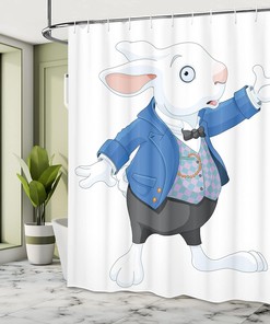 Alice in Wonderland White Rabbit Talking Shower Curtain, Blue Black Bathroom Decor 