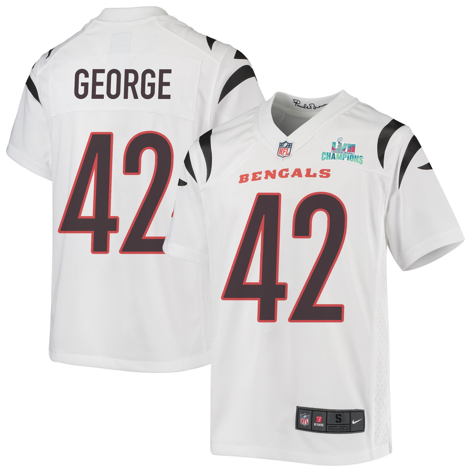 Allan George 42 Cincinnati Bengals Super Bowl LVII Champions Youth Game Jersey - White