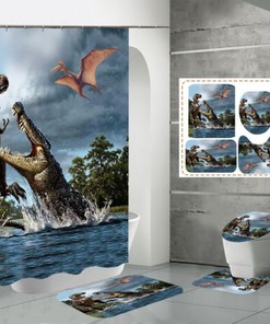 Alligator Dinosaur Waterproof Bath Shower Curtain and Mat Set