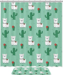 Alpaca Llama & Cactus Green Shower Curtain - Funny Bathroom Decor 