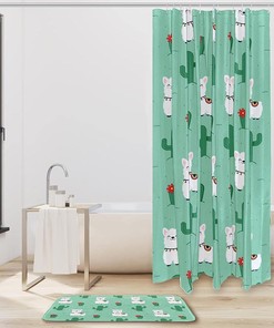 Alpaca Llama & Cactus Green Shower Curtain - Funny Bathroom Decor
