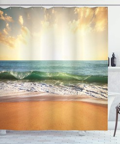 Amber Cream Ocean Shower Curtain, Sunset at a Smooth Sandy Beach with Small Wave and Bubbles, Bathroom Decor 
