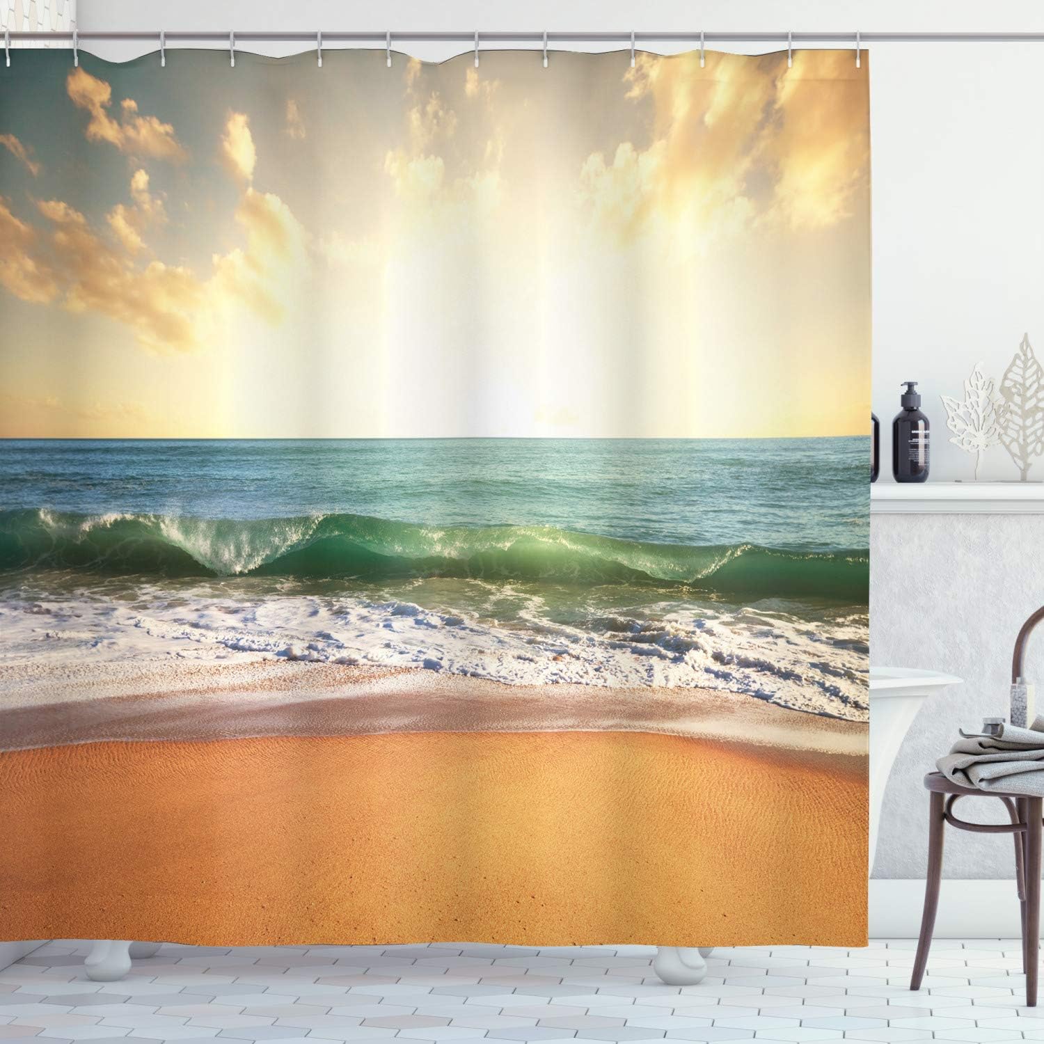 Amber Cream Ocean Shower Curtain, Sunset at a Smooth Sandy Beach with Small Wave and Bubbles, Bathroom Decor