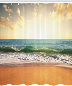 Amber Cream Ocean Shower Curtain, Sunset at a Smooth Sandy Beach with Small Wave and Bubbles, Bathroom Decor