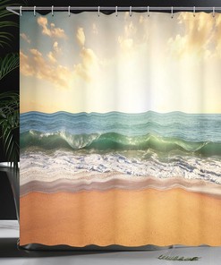 Amber Cream Ocean Shower Curtain, Sunset at a Smooth Sandy Beach with Small Wave and Bubbles, Bathroom Decor