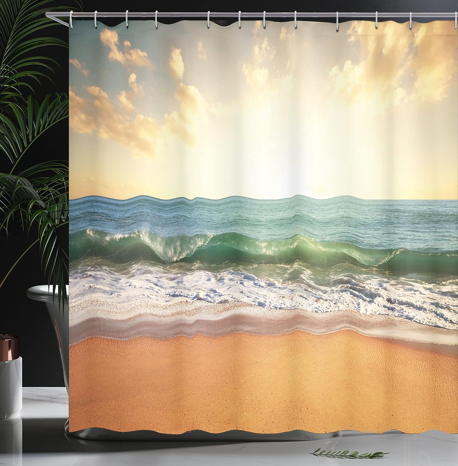 Amber Cream Ocean Shower Curtain, Sunset at a Smooth Sandy Beach with Small Wave and Bubbles, Bathroom Decor