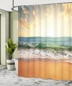 Amber Cream Ocean Shower Curtain, Sunset at a Smooth Sandy Beach with Small Wave and Bubbles, Bathroom Decor