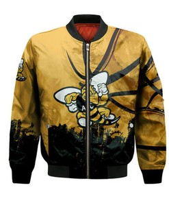 American International Yellow Jackets Bomber Jacket Basketball Net Grunge Pattern- NCAA