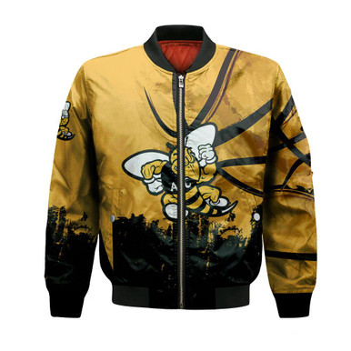 American International Yellow Jackets Bomber Jacket Basketball Net Grunge Pattern- NCAA