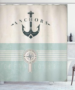 Anchor Compass Sailing Coastal Vintage Nautical Shower Curtain Beige Turquoise Bathroom Decor